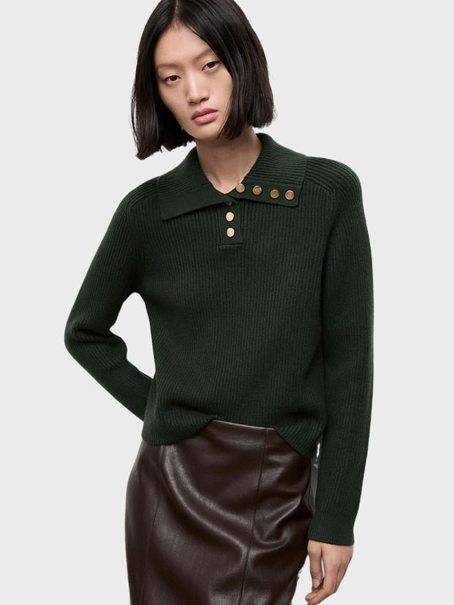 Ribbed Polo-Neck Sweater With Buttons
